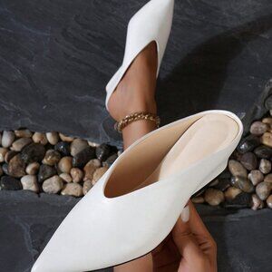 White Elegant Women's Comfortable Pointed Toe Block Heel Mules